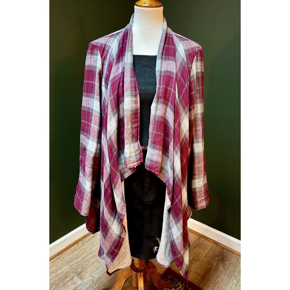 Eddie Bauer Burgundy and Gray Plaid Open Front Cardigan Sweater Women's‎ Size L